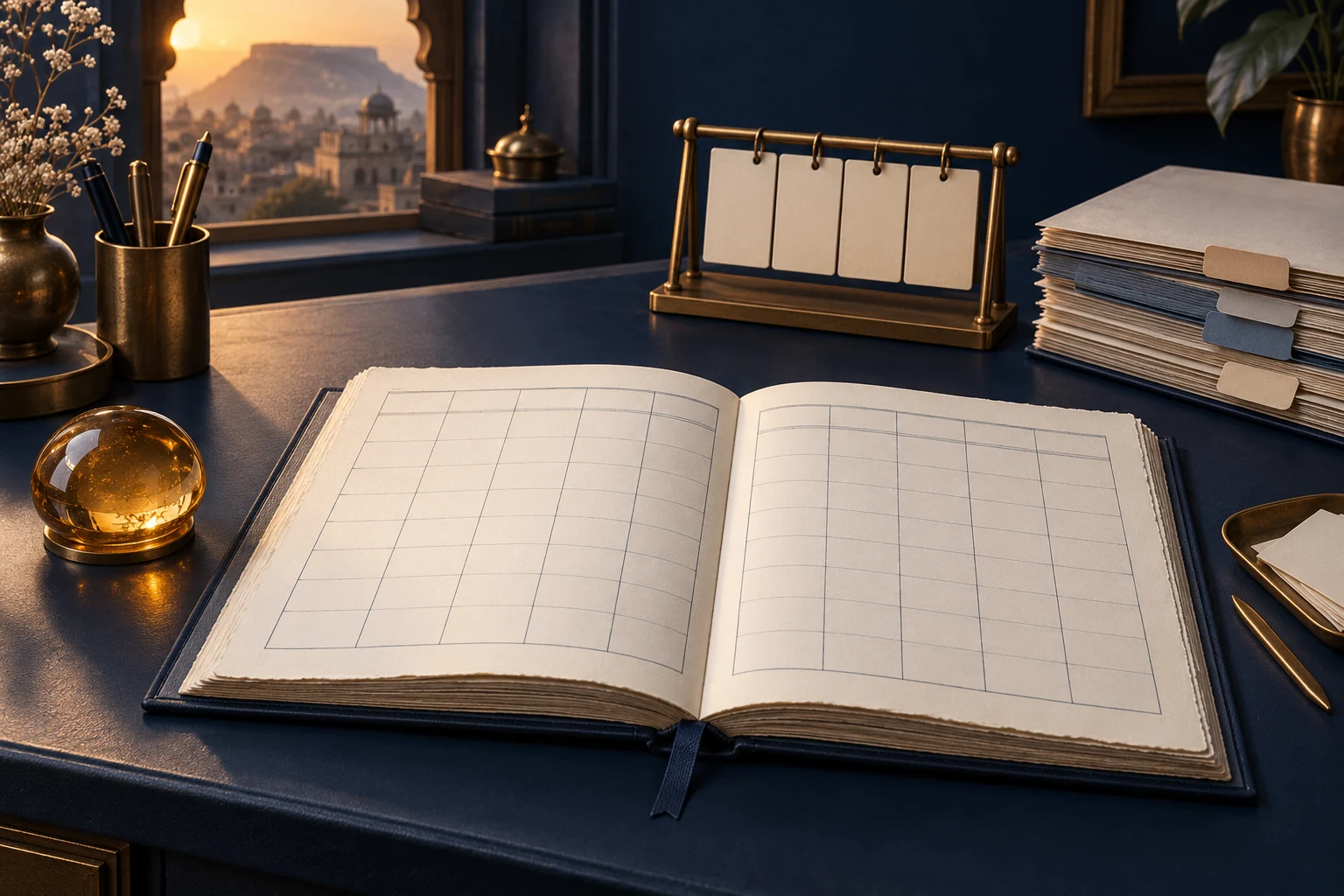 Original archive illustration with an ivory ledger, brass calendar and neatly filed records