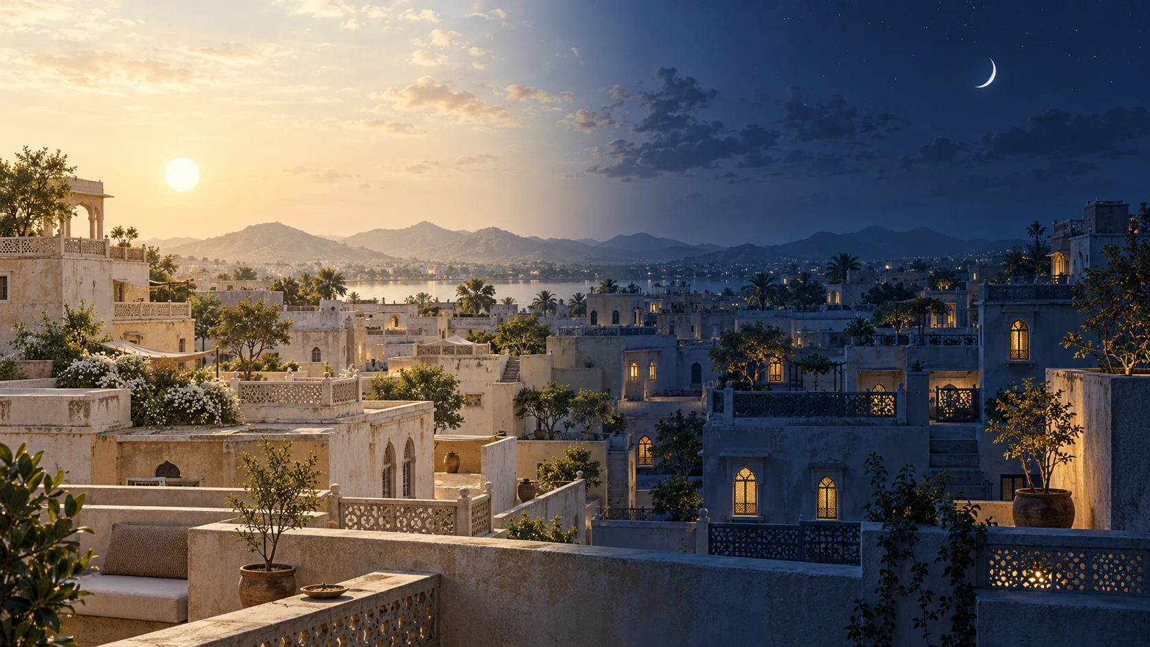 Original architectural illustration of an Indian-inspired roofscape transitioning from warm daylight to blue night
