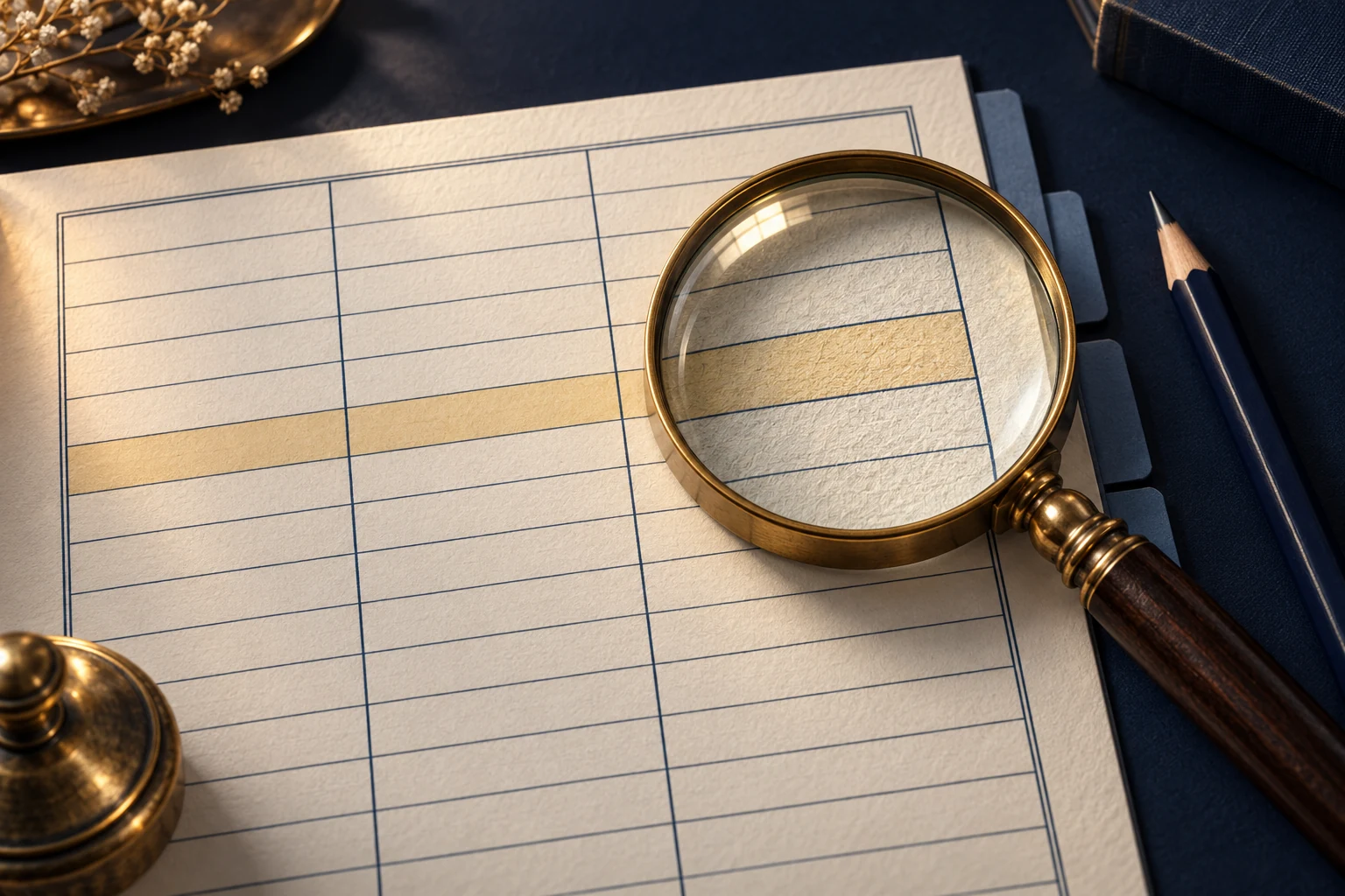Original illustration of a brass magnifying glass over an ivory archive grid