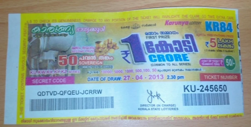 A historical Kerala Karunya lottery ticket dated April 2013, showing its printed draw information.