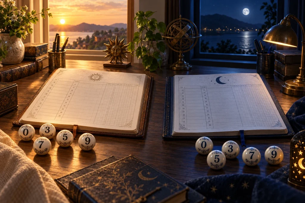 Original lottery archive illustration showing separate notebooks and numbered balls in warm daylight and cool moonlight.