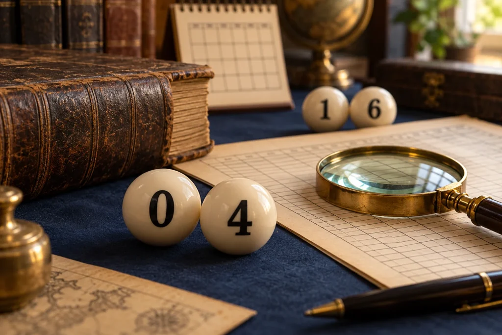 Original lottery archive illustration with balls numbered 0 and 4 beside a dated ledger and magnifying glass.