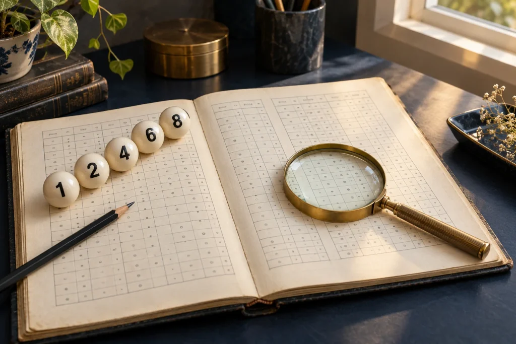 Original lottery archive illustration with numbered balls, a weekly ledger and a brass magnifying glass.